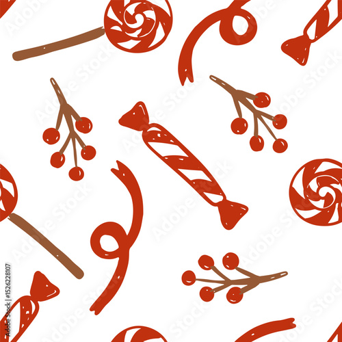 Red hand drawn vector design pattern candy canes, lollipops, and berries for the holidays. vector illustration