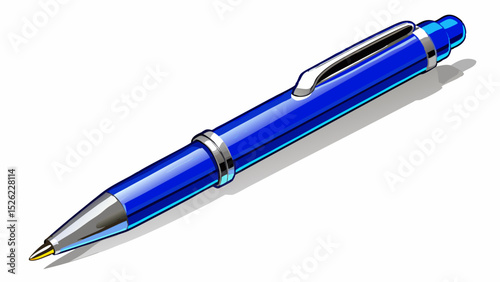 A sleek blue ballpoint pen with a silver clip lies diagonally on a white background. Close-up reveals the fine tip, perfect for office or academic vector illustrations with precision.