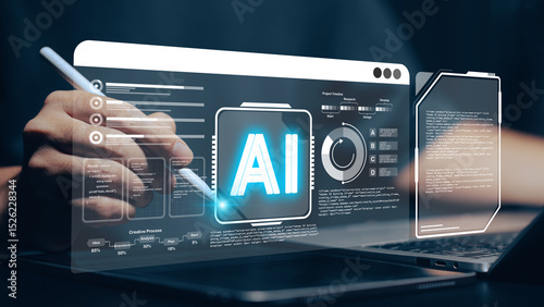 Artificial intelligence command prompt: Close-up of hands typing on a laptop, interacting with a glowing 