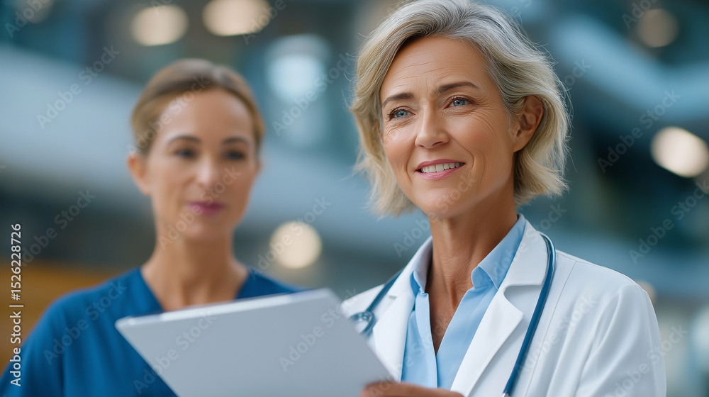 Fototapeta premium Doctor and Nurse Discussing Patient Case in Hospital Corridor