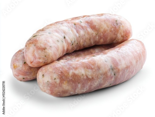 Three pieces of raw sausages are on a white background