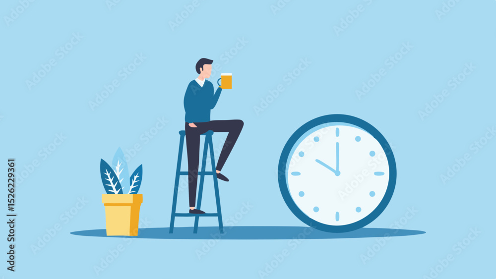 Obraz premium Man on Stool Relaxing Time Beer Break Home Office Clock Plant Work Lifestyle Design Relax Alone Flat