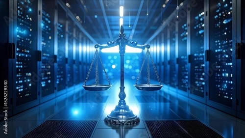 Scales of justice in a server room. Concept of data privacy laws, digital law, regulations, cybersecurity and technology.