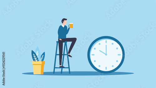 Man on Stool Relaxing Time Beer Break Home Office Clock Plant Work Lifestyle Design Relax Alone Flat