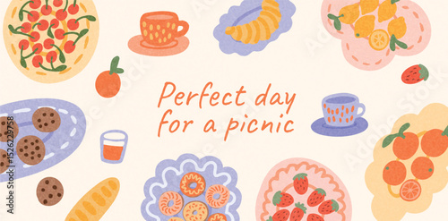 Picnic food and drinks on light background. Cherry tart, croissant, citrus fruits, cookies, tea cups, bread. Summer weekend lunch outdoors. Flat colorful vector illustration.