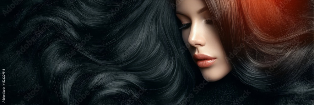 Obraz premium Elegant Stylish Brunette Woman with Long Shiny Wavy Hair Posing Confidently for Fashion Shoot