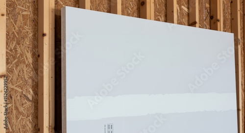 Drywall panel installation on wooden stud frame. Interior wall construction with gypsum board. Home improvement and building project.
