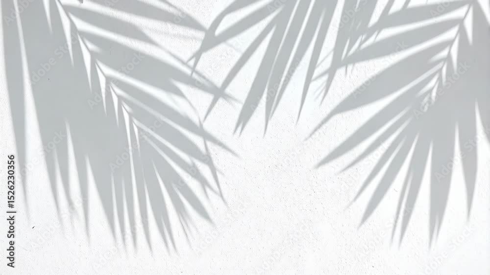 Elegant palm tree leaf shadows cascading onto a white textured wall backdrop adding subtle depth and creating a peaceful tranquil ambiance.