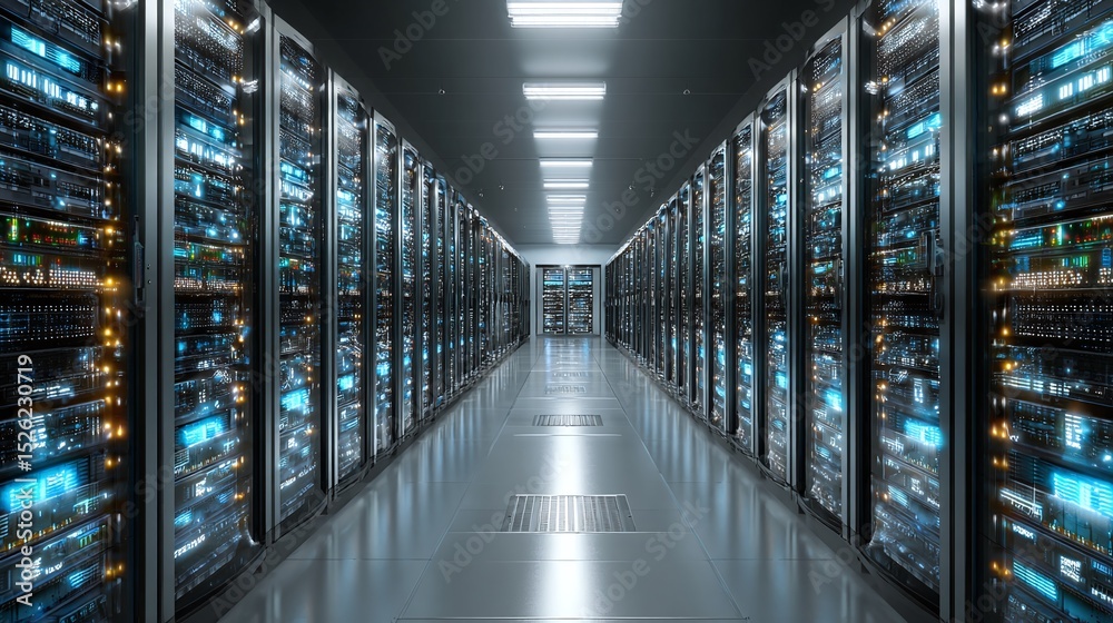 Obraz premium Data center: A long row of server racks, bathed in the glow of server lights, indicating high processing and storage capacity. Modern infrastructure.