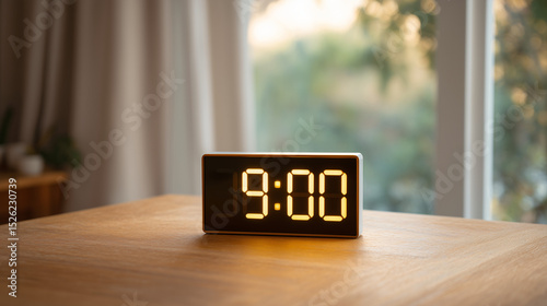 digital clock showing 9:00, glowing LED display, modern minimalist design