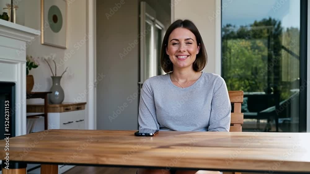 White woman enjoying peaceful digital detox moment at home, smiling with eyes closed, soft natural lighting, emotional calm, candid lifestyle scene