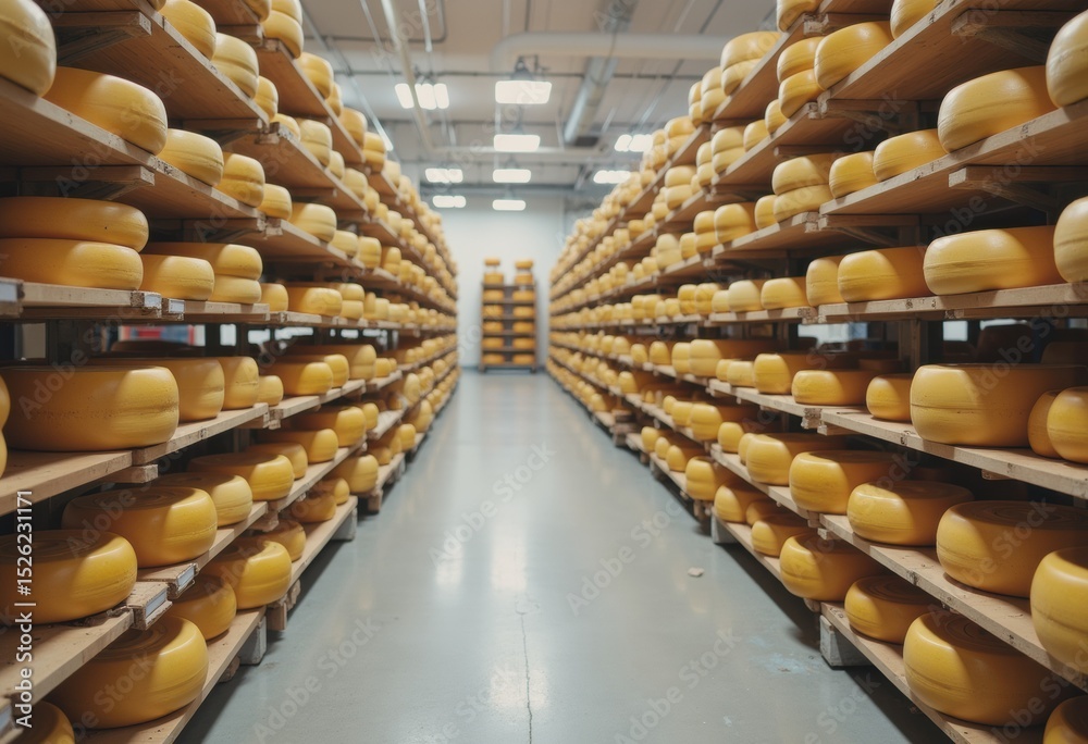 Obraz premium Cold storage room filled with stacked cheese wheels, showcasing organized dairy storage