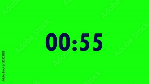  1 minute countdown. Timer with animated numbers on a green screen. Animation from 1 minute to 0 seconds.