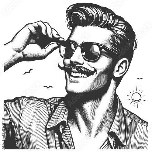 man smiling with sunglasses and mustache, enjoying a sunny day with birds flying sketch engraving generative ai fictional character vector illustration. Scratch board imitation. Black and white image.