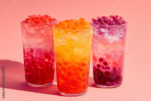 ero shot of three tall plastic cups, one with a pink soda which is a pink to transparent gradient with lots of pear boba of red gelatin, one with a orange soda which is an orange to white gradient