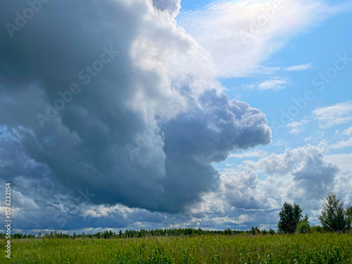 The edge of a canal in wetland in a cloudy sky in bright sunlight in springtime,  Oostvaardersplassen, Almere, Flevoland, Netherlands, June 07, 2025 photo