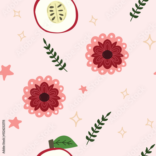Cute Pink Floral and Apple Slice Seamless Pattern Design for Stationery