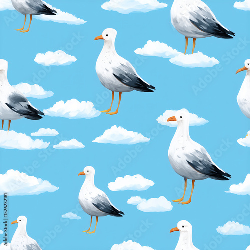 seagulls summer seamless pattern