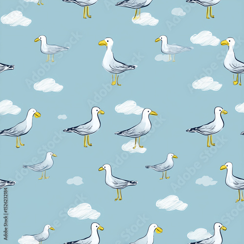 seagulls summer seamless pattern