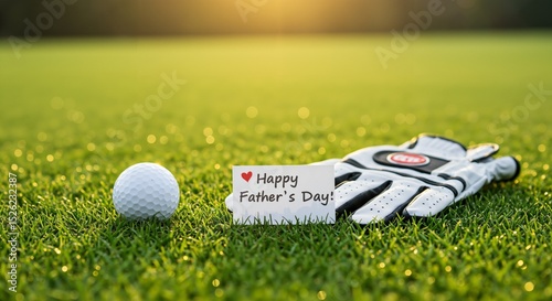 Father's Day Golf Gift Card with Golf Ball and Glove on Lush Green Grass photo