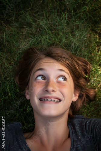 a Teen girl, awkward phase between childhood and adulthood, her face has taken on a grownup shape but her expression is one of childish playfulness and goofiness