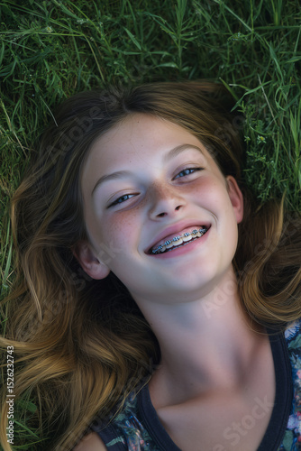 a Teen girl, awkward phase between childhood and adulthood, her face has taken on a grownup shape but her expression is one of childish playfulness and goofiness