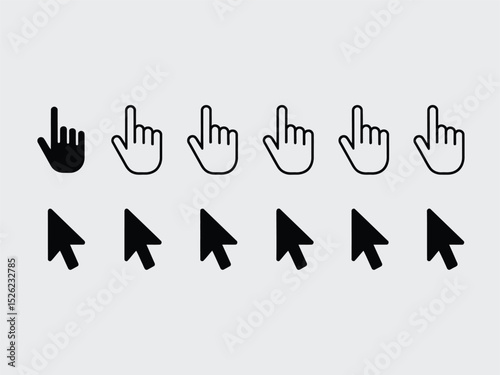 Set of Black Pointer Arrows and Outline Hand Icons on Transparent Background