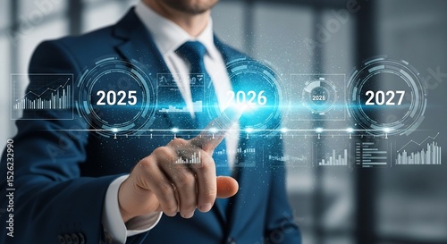 Businessman's futuristic interface: projecting growth from 2025 to 2027 with data analysis