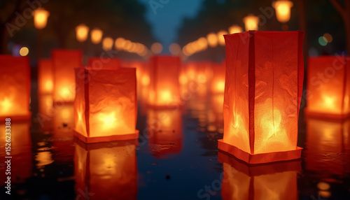 Hundreds of Glowing Lanterns Rising into Night Sky in a Magical Festival