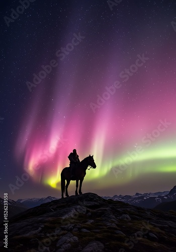 Horse rider under a vibrant aurora