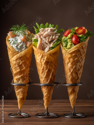 Three savory waffle cones , each standing upright in a metal holder, filled with different filling