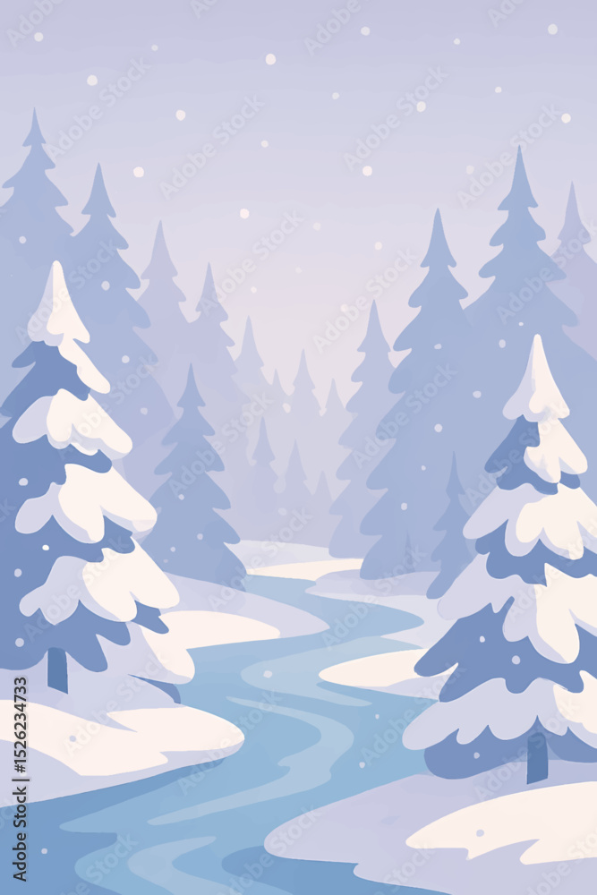 Obraz premium A serene stylized winter scene showcases a snow-covered forest with a gracefully winding river, embraced by softly falling snow, evoking tranquility, seasonal charm, and the quiet beauty of nature.