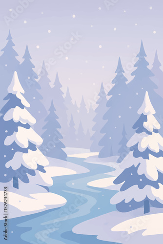 A serene stylized winter scene showcases a snow-covered forest with a gracefully winding river, embraced by softly falling snow, evoking tranquility, seasonal charm, and the quiet beauty of nature.