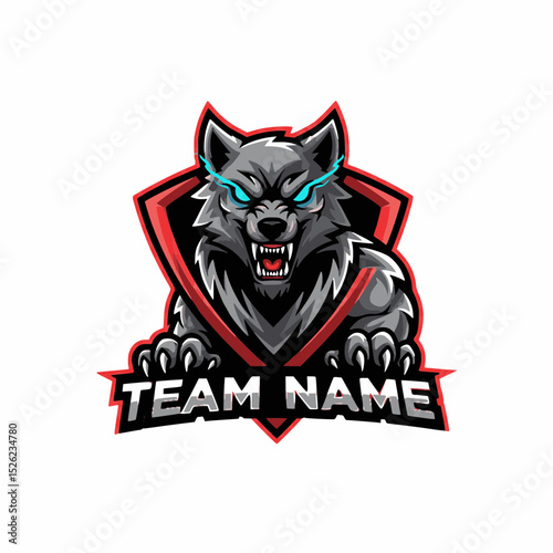 Illustration of a Fierce Wolf Vector Logo for an E-Sports Gaming Team with Angry Eyes and Sharp Teeth