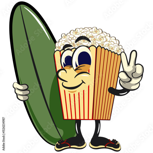 cartoon popcorn box mascot with surfboard and gave a peace sign, funny snack character vector illustration isolated on transparent background, work of hand drawn