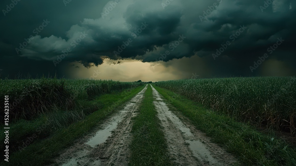 Naklejka premium Dark storm clouds loom over a rural, muddy road and fields. Evokes feelings of struggle, overcoming obstacles, or bad weather.