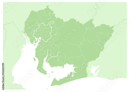 日本の都市、愛知県の行政区分付きの地図（市町村など行政区分の線付き）