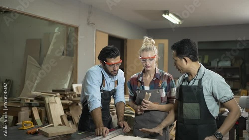 Carpenters are working together at workshop. Small business and craft product.