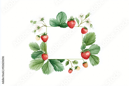 watercolor illustration of a square frame bordered with strawberries and leafy accents, hand-painted feel with slight irregularities