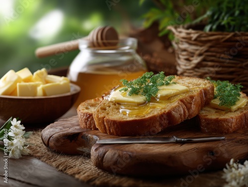 Plate of bread with butter and honey on top sits on a wooden cutting board