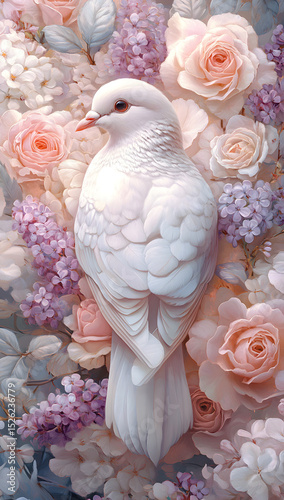Elegant dove amidst floral design.