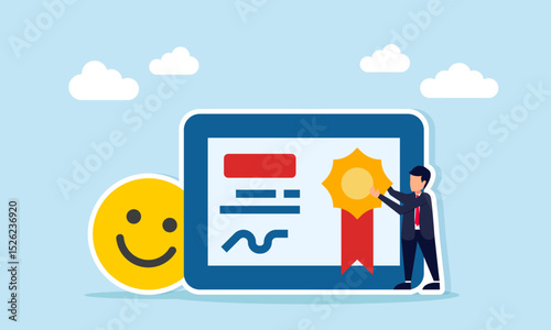 Businessman placing a medal on a certificate next to a happy emoticon illustration of success in attracting positive market attention
