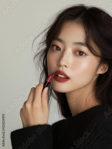 Woman Applying Lipstick for a Chic, Elegant Look