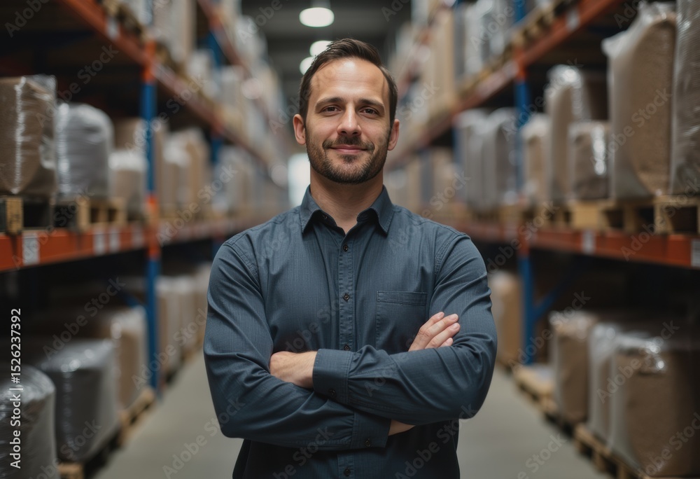 Fototapeta premium Confident warehouse manager overseeing seed storage operations