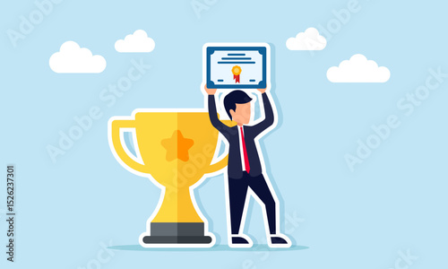 Businessman standing next to trophy while raising certificate document illustration of success in becoming a leading business company
