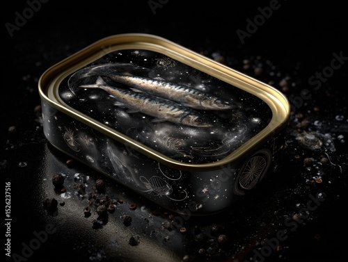 Can of fish is sitting on a black surface