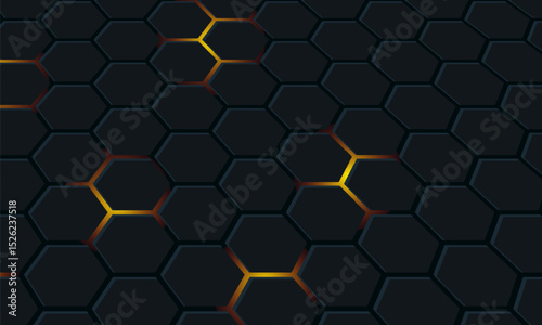 Dark hexagon abstract technology background with bright yellow and red flashes below the hexagon. Hexagon game technology on black abstract background.