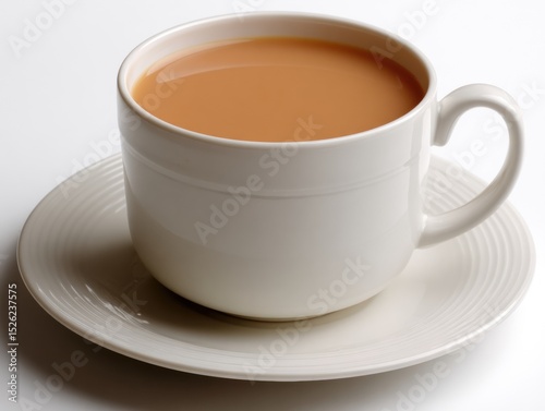 White coffee cup with a white saucer sits on a table