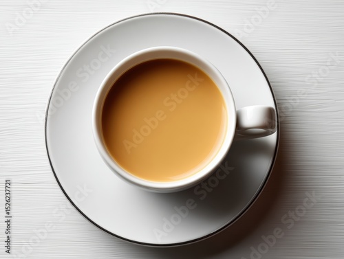 White coffee cup with a brown liquid in it sits on a white plate