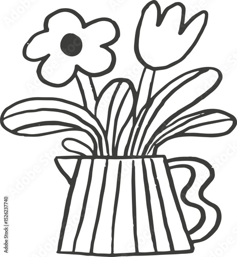 Black and white flower pot doodle. Hand drawn childish vector illustration.